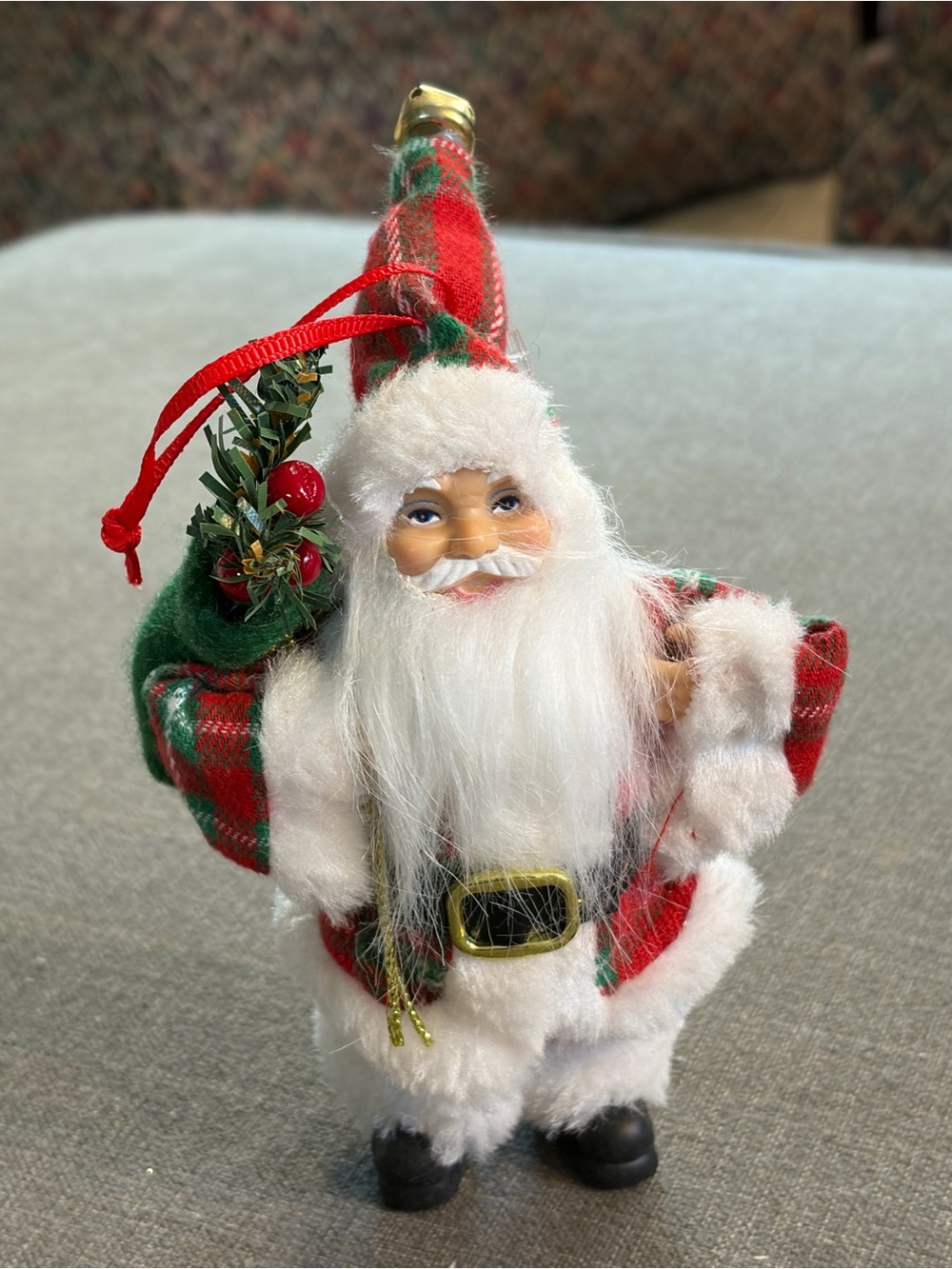 Santa Claus Plaid Christmas Ornament with Toy Sack and Bell